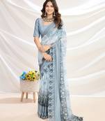 grey floral printed pure georgette saree