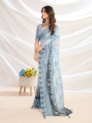 grey floral printed pure georgette saree 2