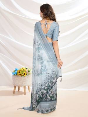 grey floral printed pure georgette saree 3