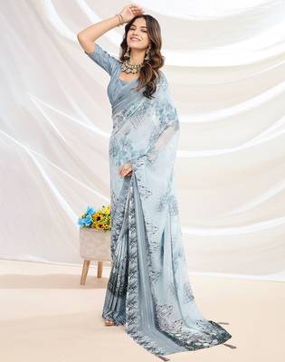 grey floral printed pure georgette saree 4