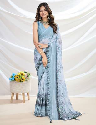 blue embroidered pure georgette designer saree 1