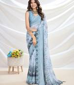 blue embroidered pure georgette designer saree