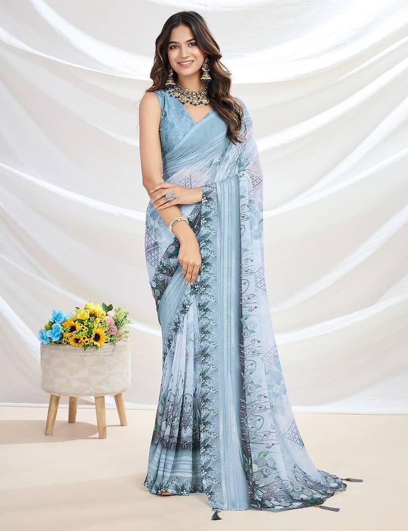 blue embroidered pure georgette designer saree