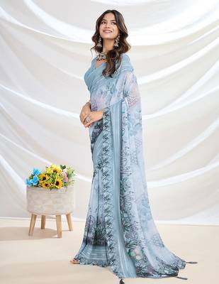 blue embroidered pure georgette designer saree 2