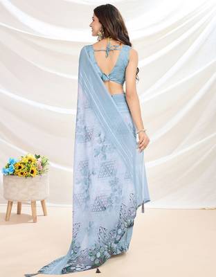 blue embroidered pure georgette designer saree 3