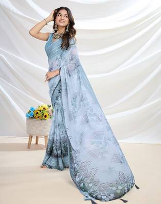 blue embroidered pure georgette designer saree 4