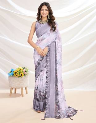 grey embroidered pure georgette saree 1