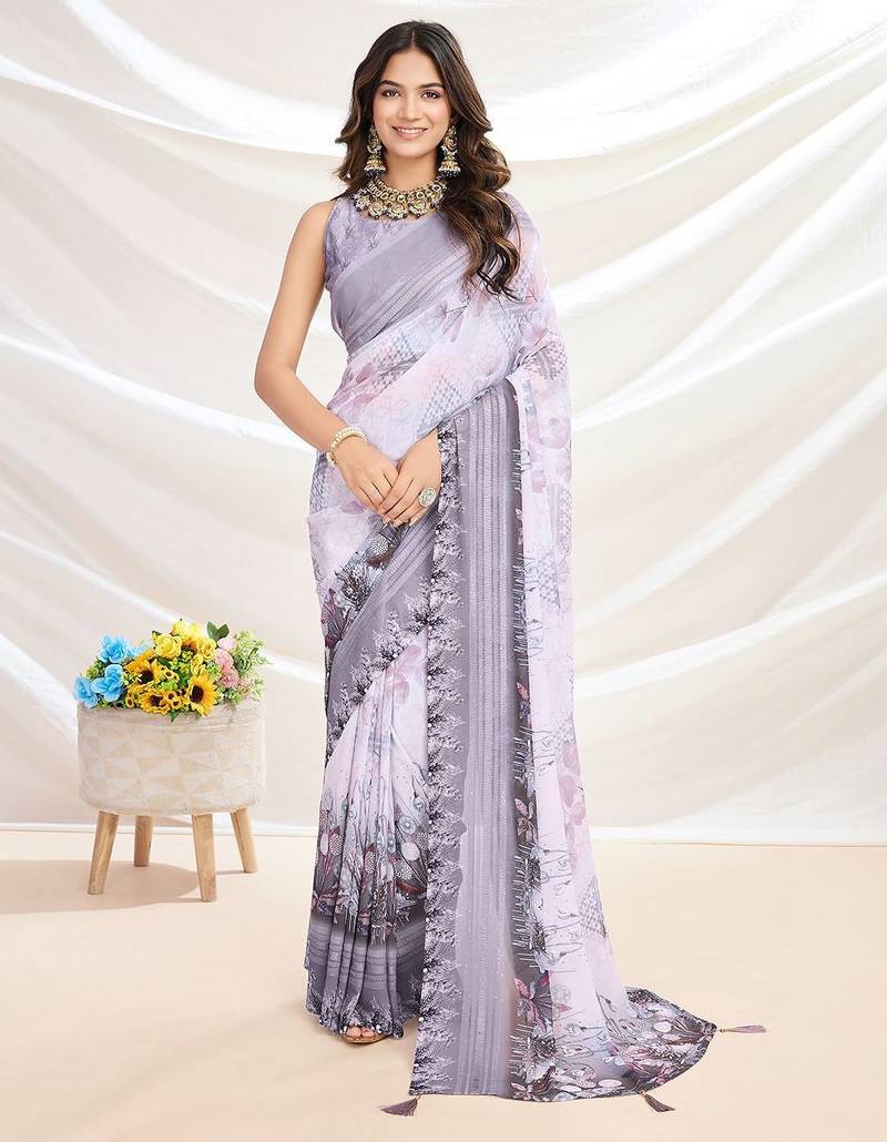 grey embroidered pure georgette saree