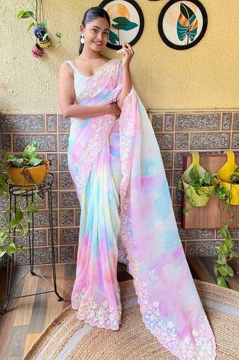 pink embellished sequinned  saree