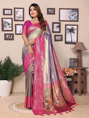 purple woven design zari silk blend designer banarasi saree 1