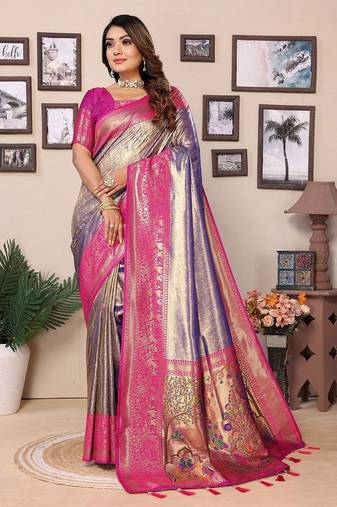 purple woven design zari silk blend designer banarasi saree