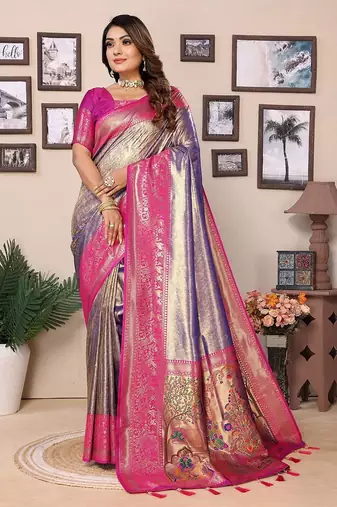 purple woven design zari silk blend designer banarasi saree