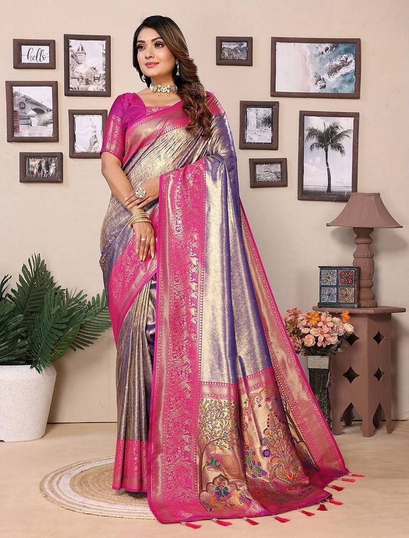 purple woven design zari silk blend designer banarasi saree