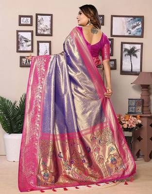 purple woven design zari silk blend designer banarasi saree 2