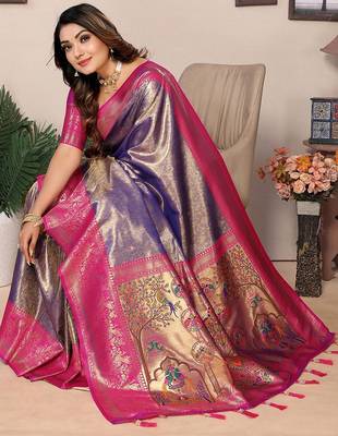 purple woven design zari silk blend designer banarasi saree 3