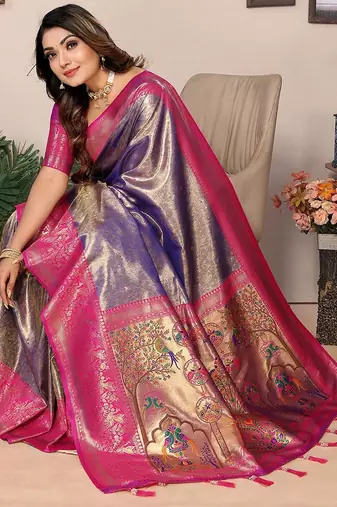 purple woven design zari silk blend designer banarasi saree