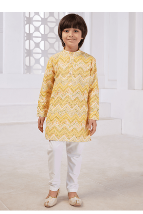 boys yellow printed cotton kurta pajama set 1