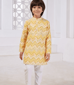 boys yellow printed cotton kurta pajama set