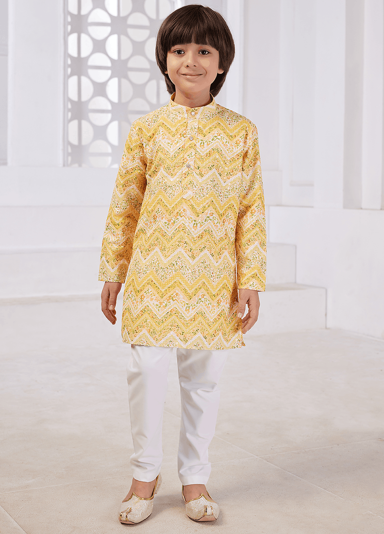 boys yellow printed cotton kurta pajama set