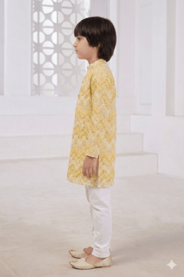 boys yellow printed cotton kurta pajama set 3