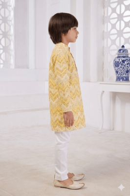 boys yellow printed cotton kurta pajama set 4