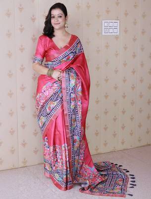 pink floral printed zari tussar saree 1