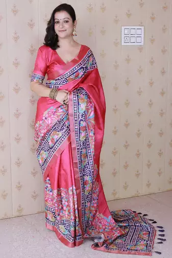 pink floral printed zari tussar saree