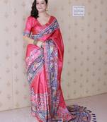 pink floral printed zari tussar saree