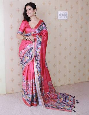 pink floral printed zari tussar saree 2