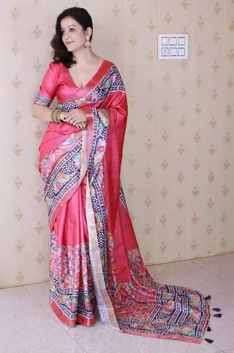 pink floral printed zari tussar saree