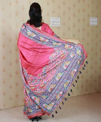 pink floral printed zari tussar saree 3