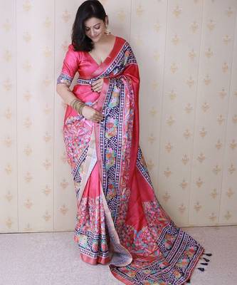 pink floral printed zari tussar saree 4