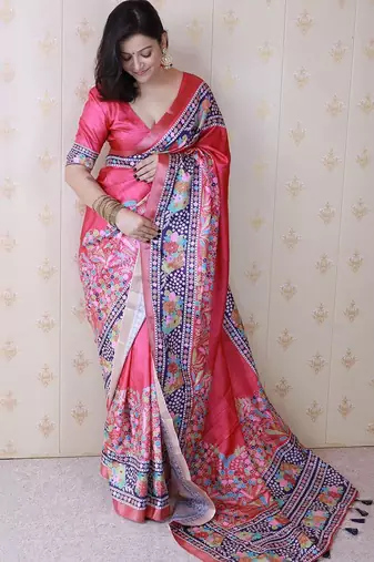 pink floral printed zari tussar saree