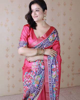 pink floral printed zari tussar saree 5