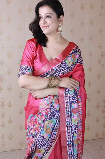 pink floral printed zari tussar saree