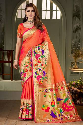 peach woven design zari kanjeevaram saree