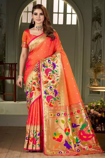 peach woven design zari kanjeevaram saree