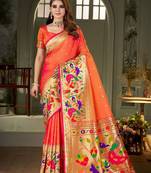 peach woven design zari kanjeevaram saree