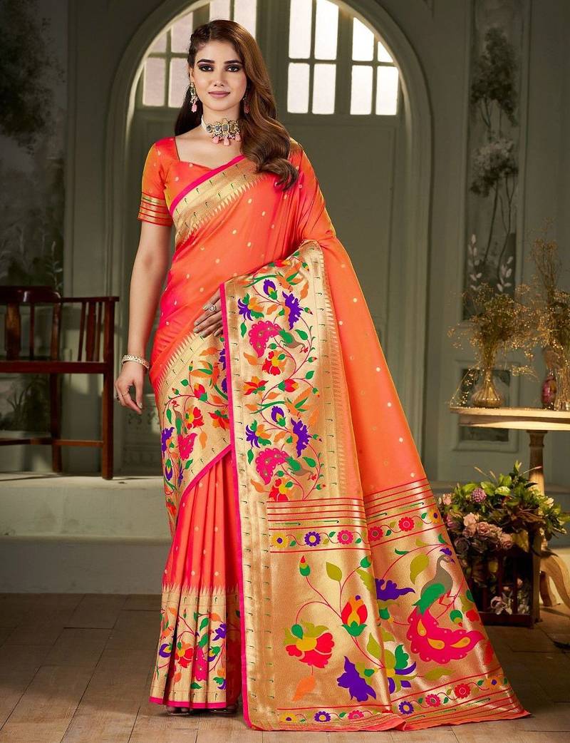 peach woven design zari kanjeevaram saree