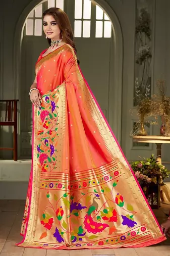 peach woven design zari kanjeevaram saree