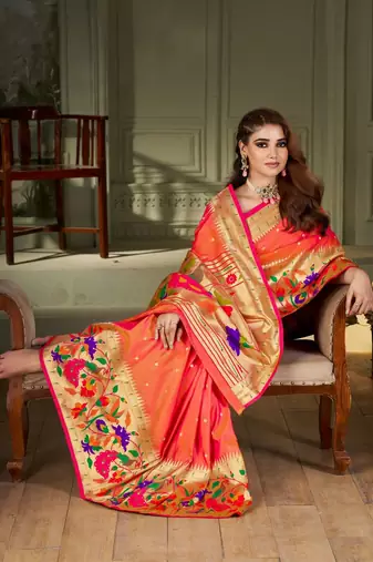 peach woven design zari kanjeevaram saree