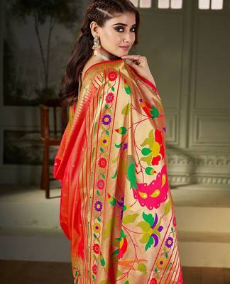 peach woven design zari kanjeevaram saree 5