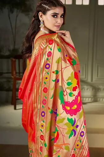 peach woven design zari kanjeevaram saree