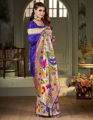 blue woven design zari kanjeevaram silk saree 4
