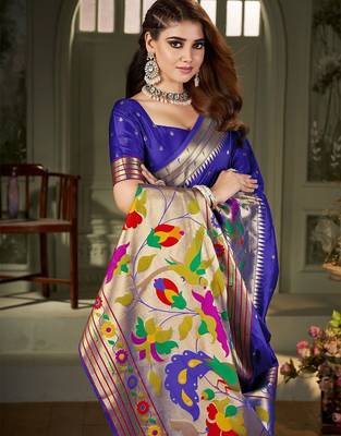 blue woven design zari kanjeevaram silk saree 5