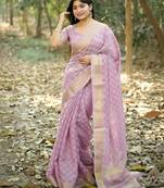 lavender checked zari silk blend saree