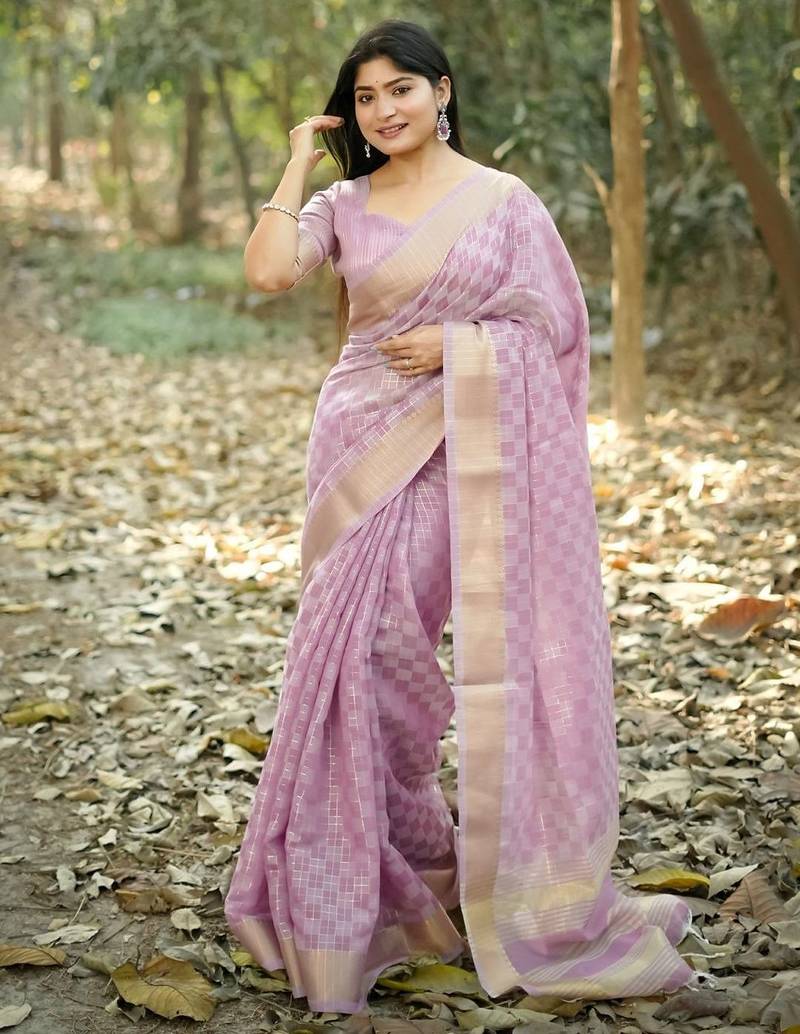 lavender checked zari silk blend saree