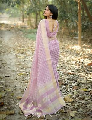 lavender checked zari silk blend saree 2