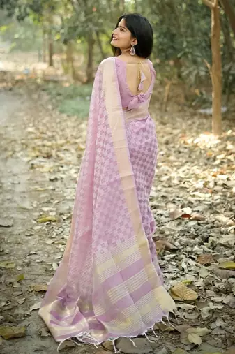 lavender checked zari silk blend saree