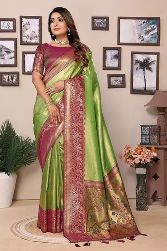 green woven design zari silk blend designer banarasi saree